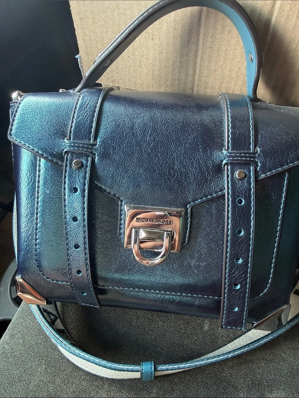 Michael Kors Iridescent Teal-Blue Leather Satchel with Logo Strap